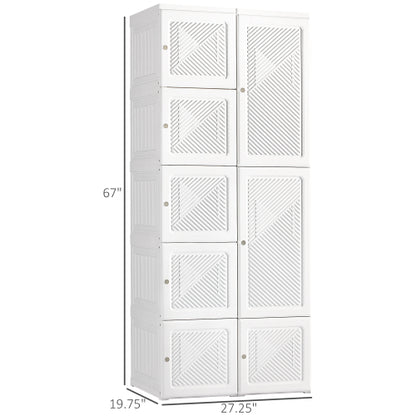 Portable Wardrobe Closet, Folding Bedroom Armoire, Clothes Storage Organizer with 8 Cube Compartments, Hanging Rod, Magnet Doors, White