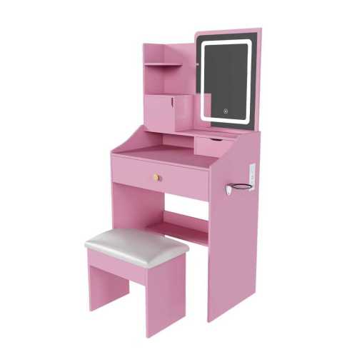 Pink 3-Color LED Vanity Mirror with Stool, 2 Drawers & 5 Storage Cabinets, Charging Station & Hair Dryer Holder