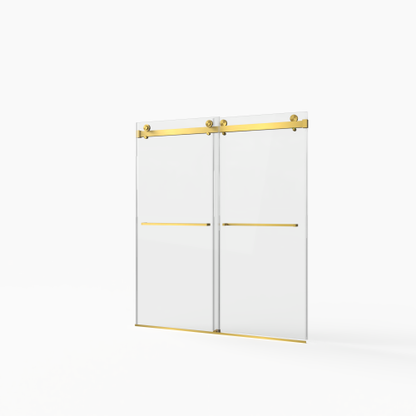 56-60"W x 70"H Frameless Double Sliding Shower Door,5/16" (8mm) Thick SGCC Tempered Clear Glass,Double Side Easy Clean Coat,Brushed Gold Finished With Buffer