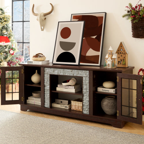 Modern 65 Inch TV Stand with Faux Stone Cabinet Cherry Media Console