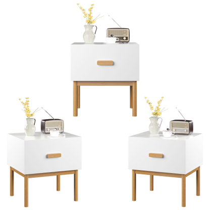 Modern White Nightstand with Drawer and Wood Legs, Minimalist Bedside Table with Handle for Bedroom, Living Room, Apartment