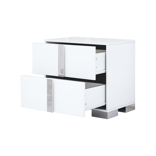 White Mirrored Nightstand with Metal Legs and 2 Drawers
