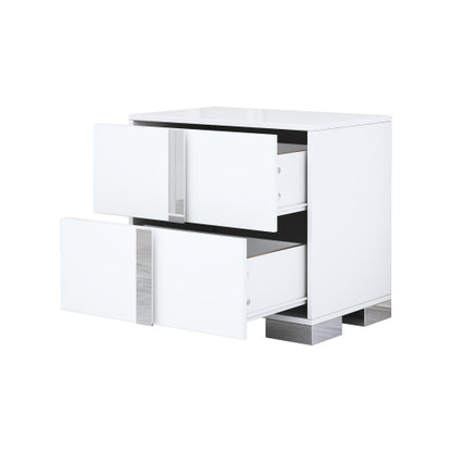 White Mirrored Nightstand with Metal Legs and 2 Drawers