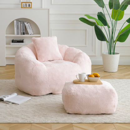 Oversized Shell-Shaped Faux-Fur Giant Bean Bag Chair with Matching Footstool