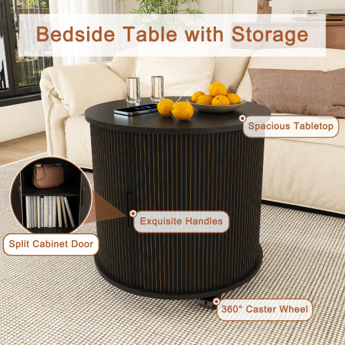 Black Cylinder Nightstand, Mid-Century Round End Table with Charging Station & 2-Tier Storage