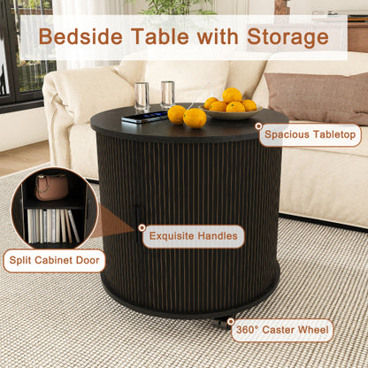Black Cylinder Nightstand, Mid-Century Round End Table with Charging Station & 2-Tier Storage
