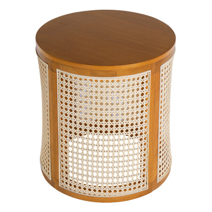 Ochre Round Rattan End Table, 15.7 Inch Woven Side Table with Rubber Wood Top, Small Accent Table for Bedroom Living Room