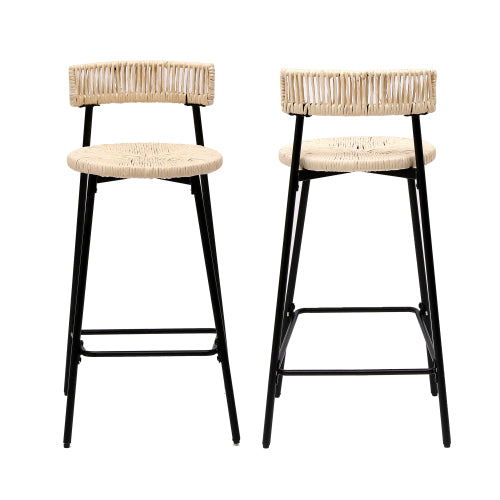 Counter Stools Set of 2 Handwoven Paper Rope Bar Stools Boho Round Dining Pub Chairs for Kitchen (Black & Creamy White)