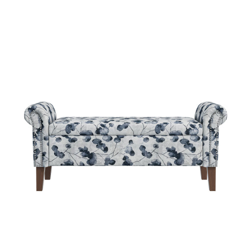 Traditional Rolled Arm Storage Bench Ottoman with Pewter Nailhead Trim in Black Floral with Dark Brown Solid Wood Legs