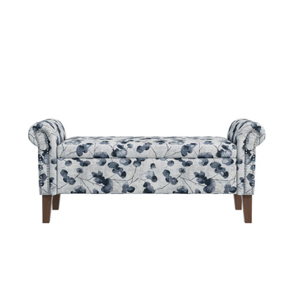 Traditional Rolled Arm Storage Bench Ottoman with Pewter Nailhead Trim in Black Floral with Dark Brown Solid Wood Legs