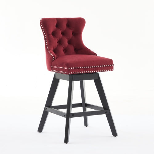 Swivel Velvet Barstools with Button Tufted Decoration and Wooden Legs, and Chrome Nailhead Trim, Leisure Style Bar Chairs,Bar stools, Set of 2 (Wine Red)