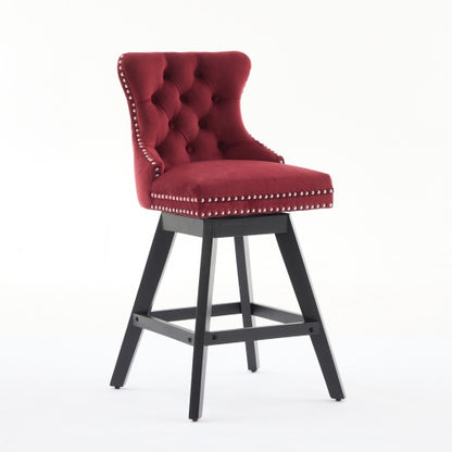 Swivel Velvet Barstools with Button Tufted Decoration and Wooden Legs, and Chrome Nailhead Trim, Leisure Style Bar Chairs,Bar stools, Set of 2 (Wine Red)