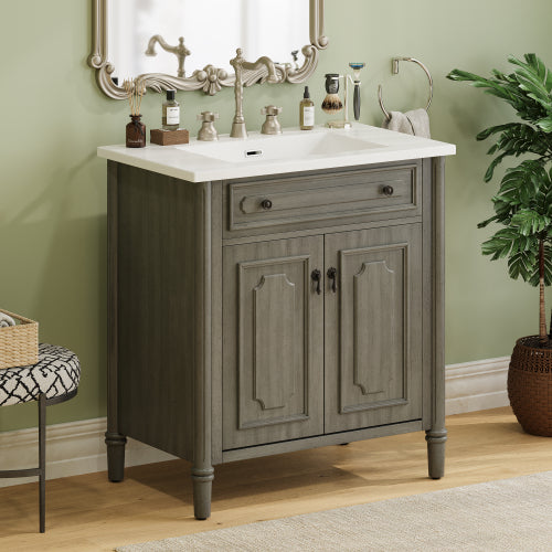 31" Vintage Bathroom Vanity with Sink, Rustic Bathroom Cabinet with Soft Close Doors and Adjustable Shelf, Curved Profile Design, Rubber Wood Legs, Gray
