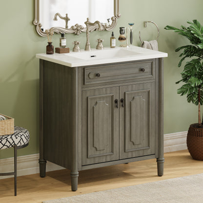 31" Vintage Bathroom Vanity with Sink, Rustic Bathroom Cabinet with Soft Close Doors and Adjustable Shelf, Curved Profile Design, Rubber Wood Legs, Gray