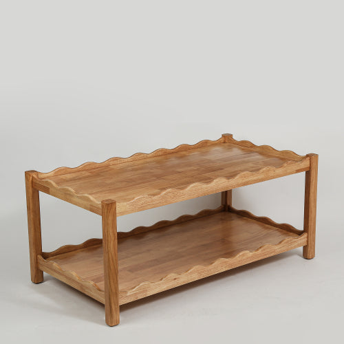 2-Tier Rectangular Coffee Table Rubberwood Storage Shelf Modern Living Room Table