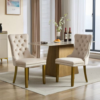 Mid-Century Modern Velvet Dining Chairs Set of 2 with Lion Head Pull Ring, Tufted Upholstered Chair, Beige