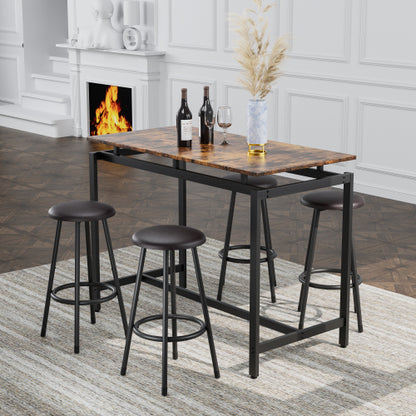 5-Piece Rustic Brown Farmhouse Dining Set, MDF & Iron Frame Counter Height Table with 4 Backless Stools