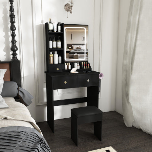Black Small Vanity Desk w/ LED Mirror, 3 Drawers, Open Shelves, Power Socket, Hair Dryer Holder & Dressing Chair