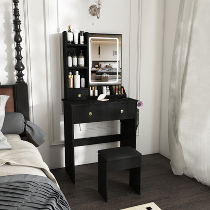 Black Small Vanity Desk w/ LED Mirror, 3 Drawers, Open Shelves, Power Socket, Hair Dryer Holder & Dressing Chair