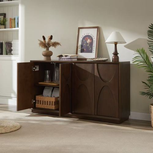 4 Door Accent Cabinet with Carved Wood Doors Adjustable Shelves and Cable Management