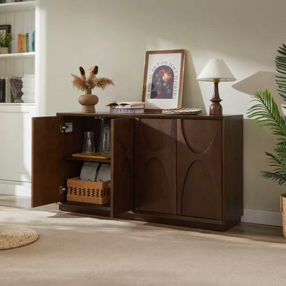 4 Door Accent Cabinet with Carved Wood Doors Adjustable Shelves and Cable Management