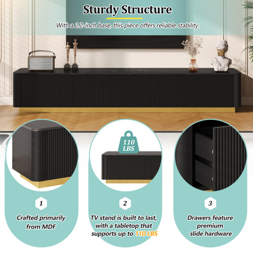 Luxury Fluted TV Stand with Faux Marble Top Black Entertainment Center