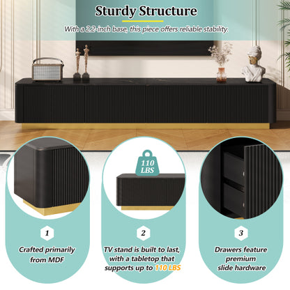 Luxury Fluted TV Stand with Faux Marble Top Black Entertainment Center