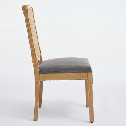 Set of 2 Gray All-Solid Wood Rattan Back Dining Chairs, S-Spring Matte Linen Cushion Rustic Caf¨¦ Side Chairs