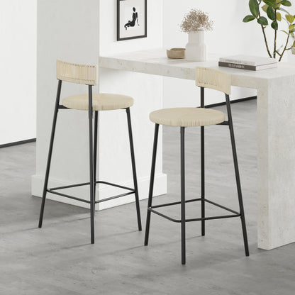 Counter Stools Set of 2 Handwoven Paper Rope Bar Stools Boho Round Dining Pub Chairs for Kitchen (Black & Creamy White)