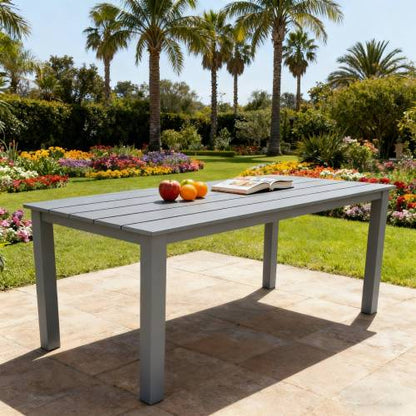 A wooden-textured imitation wood dining table, simple yet with a high quality feel. It has a small tabletop and is perfect for outdoor picnics. Charcoal gray, 68.9 inches.