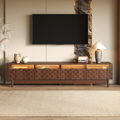 78.7 inch Walnut LED Light Glass Drawer TV Stand Solid Rubber Wood Leg Console Holds 85 inch TV