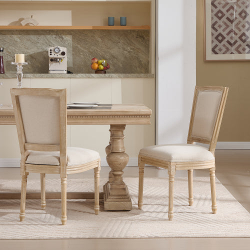 Set of 2 Beige French Country Dining Chairs, Solid Wood Chairs with Carving & Brushed Finish