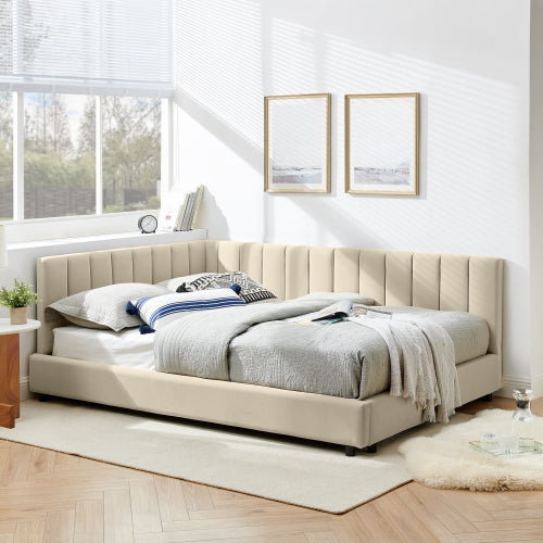Full Size Upholstered Tufted Bed Frame, Sofa Bed Frame with Comfortable Backrest and Armrests, Full Size Bed for Bedroom, Living Room,Velvet-Beige(81inch *60inch *29.5inch )