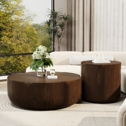 Round Outdoor Indoor Coffee Table Set, Modern Wood Grain Drum Center Table Set, Sturdy MGO (Magnesium Oxide) Waterproof, No-Assembly Table for Patio, Garden, Backyard, Living Room,Brown(Set of 2)