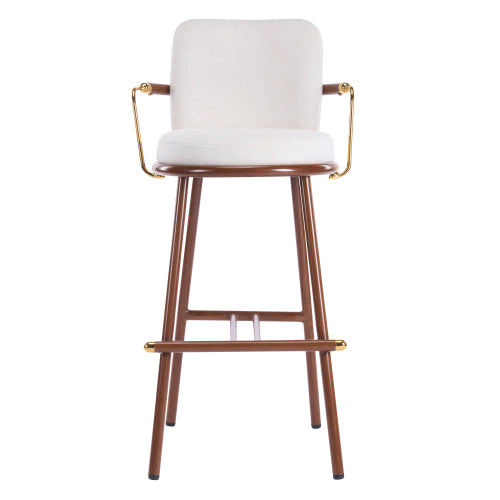 Indoor Upholstered Bar Stool with Metal Frame, Walnut Finished and Beige Upholstery, Set of 2