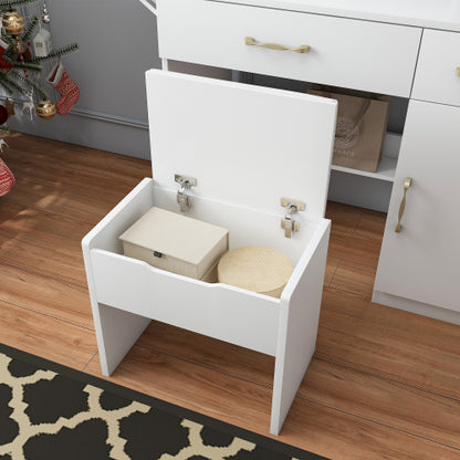 Vanity Desk with LED Mirror Lights and Power Outlet Charging Station, Makeup Dressing Table with 3 Drawers, 7 Shelves and Storage Stool, for Girls and Women (White)
