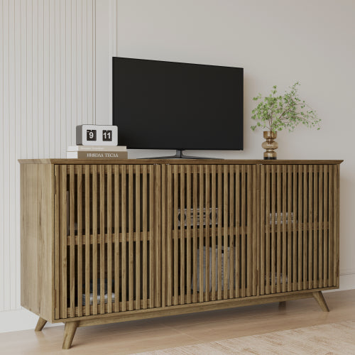 58.86 Inch Solid Knot-Free Pine Mid-Century TV Stand with Adjustable Shelf & Push-to-Open Doors