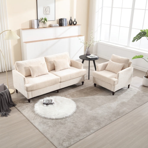 Beige Chenille Tufted Studded Wood-Frame Mid-Century Accent Chair
