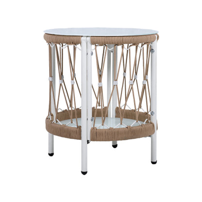 17.32" Bohemian Garden Accent Outdoor Side Table - Handwoven Rope with Powder-Coated Steel Frame, Glass Top, Small Patio End Table for Drinks, Plants