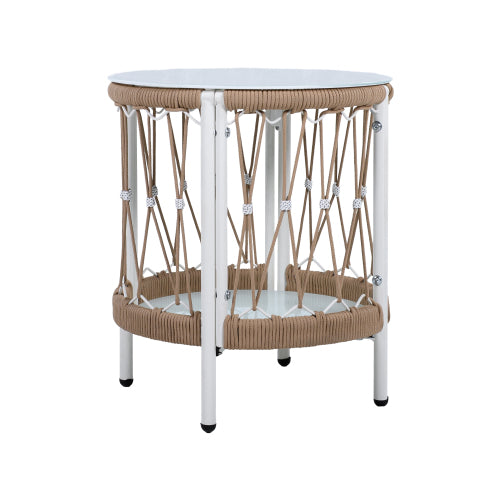 17.32" Bohemian Garden Accent Outdoor Side Table - Handwoven Rope with Powder-Coated Steel Frame, Glass Top, Small Patio End Table for Drinks, Plants