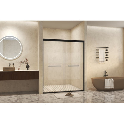 56-60 " x 72" Tempered Glass with Explosion Proof Film, Aluminum Frame Double Sliding Shower Door, "1/4 (6 mm), Stainless Steel handle, Matte Black
