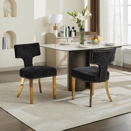 Set of 2 Black Mid-Century Farmhouse Dining Chairs, Copper Nail Curved Back Golden Plated Stainless Steel Legs 300lbs Capacity