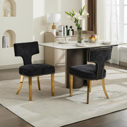 Set of 2 Black Mid-Century Farmhouse Dining Chairs, Copper Nail Curved Back Golden Plated Stainless Steel Legs 300lbs Capacity