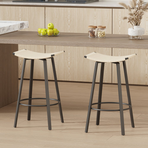 Counter Height Bar Stools Backless Handwoven Kitchen Dining Chairs with Round Footrest Set of 2 PVC Weaving Pub Stool for Indoor & Outdoor (Black & Creamy White)