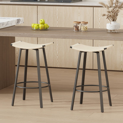 Counter Height Bar Stools Backless Handwoven Kitchen Dining Chairs with Round Footrest Set of 2 PVC Weaving Pub Stool for Indoor & Outdoor (Black & Creamy White)