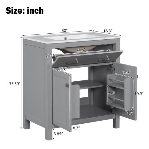 30" Bathroom Vanity with Ceramic Sink, Modern Gray Single Bathroom Cabinet with 2 Doors and a Shelf, Soft Close Doors