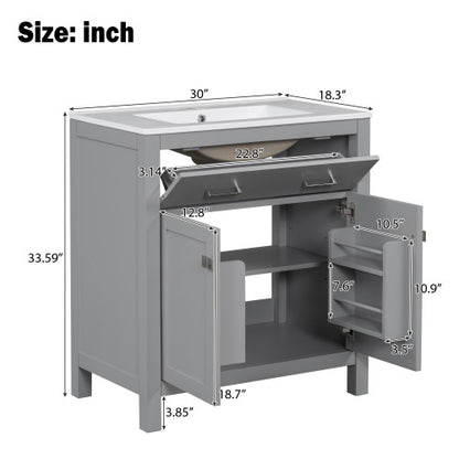30" Bathroom Vanity with Ceramic Sink, Modern Gray Single Bathroom Cabinet with 2 Doors and a Shelf, Soft Close Doors