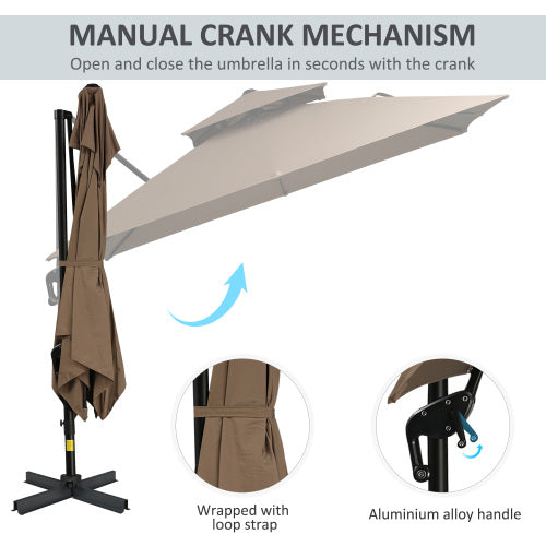 Outsunny 10ft Offset Patio Umbrella with Base, Double Top Hanging Aluminum Cantilever Umbrella with 360-degree Rotation, Easy Tilt, 8 Ribs, Crank, Cross Base, Cover, Strap, Coffee