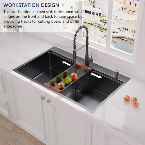 36 Inch Gunmetal Black Drop in Workstation kithchen Sink -36 "x 22" 16 Gauge Topmount Drop in Single Bowl Stainless Steel Kitchen Sink with Accessories
