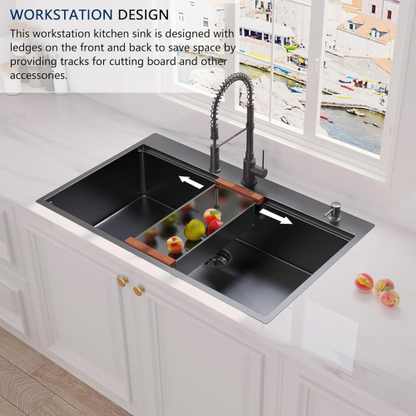 36 Inch Gunmetal Black Drop in Workstation kithchen Sink -36 "x 22" 16 Gauge Topmount Drop in Single Bowl Stainless Steel Kitchen Sink with Accessories